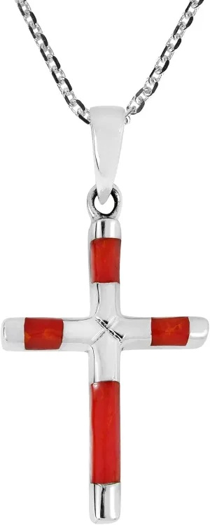 AeraVida Unisex Cross Reconstructed Red Coral Genuine .925 Sterling Silver Necklace | Casual Religious Ornament | Sterling Silver Necklace for Women | Long Necklaces for Women | Necklace Women Jewelry