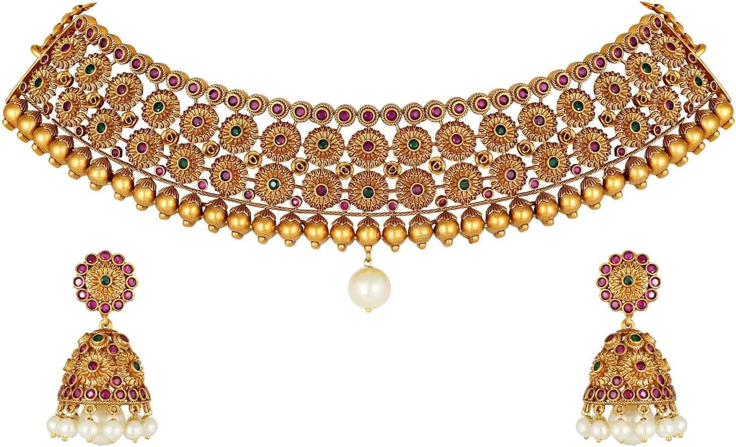 Aheli Antique Gold Tone Choker Necklace Jhumki Earrings Set Studded with Faux Stones Indian Wedding Fashion Jewelry Gift for Women