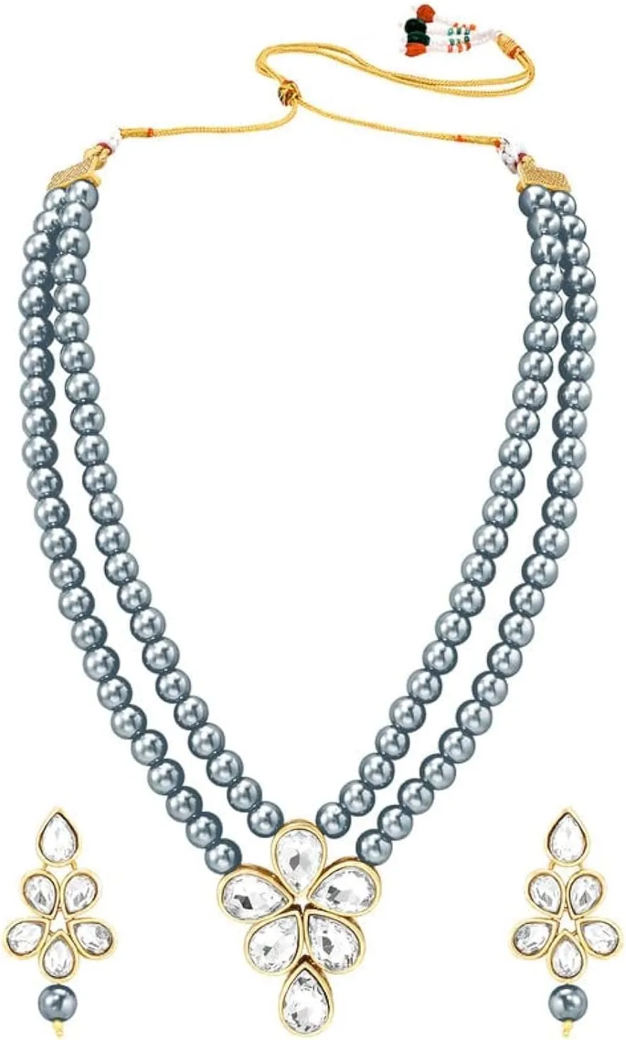 Aheli Blue Wedding Party Faux Kundan Pendant Beads Necklace Earrings Set Bollywood Party Indian Jewelry Gift for Women