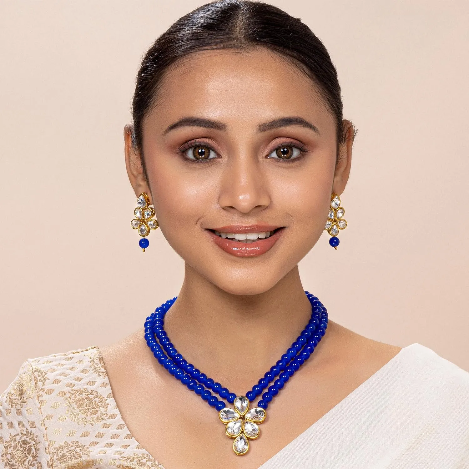 Aheli Blue Wedding Party Faux Kundan Pendant Beads Necklace Earrings Set Bollywood Party Indian Jewelry Gift for Women