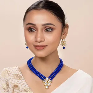 Aheli Blue Wedding Party Faux Kundan Pendant Beads Necklace Earrings Set Bollywood Party Indian Jewelry Gift for Women