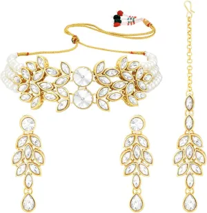 Aheli Bridal Crystal Pearl Choker Necklace with Drop Earrings Indian Traditional Bollywood Jewelry Set Gift for Women