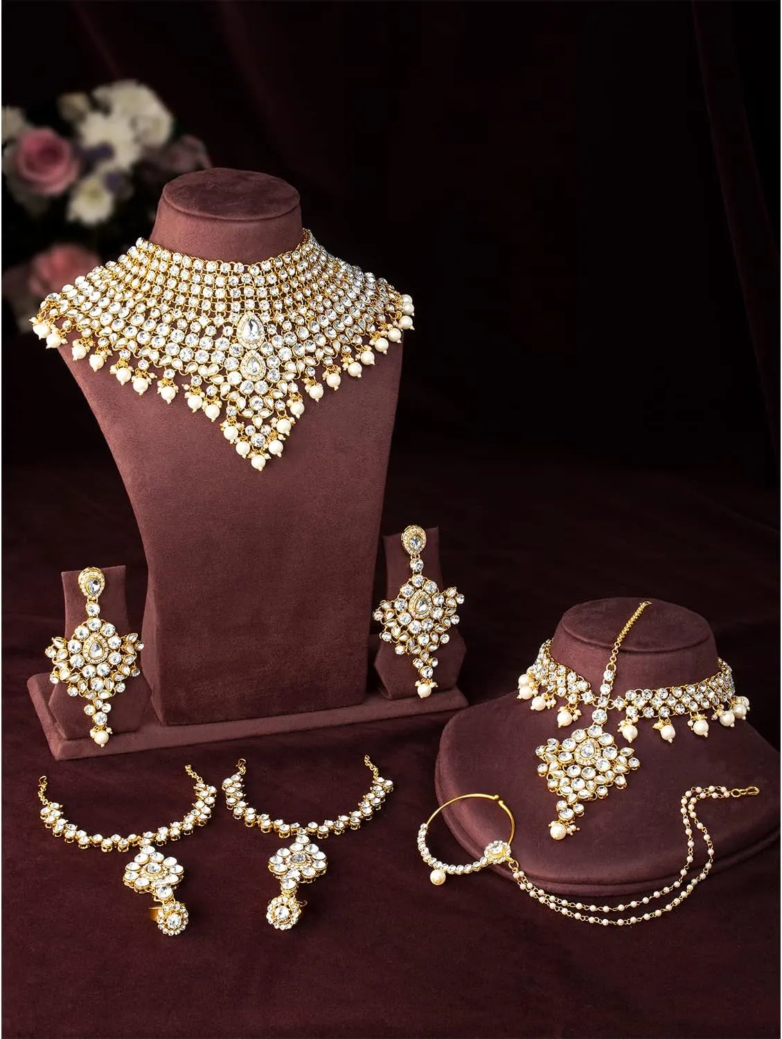 Aheli Classic Bollywood Style Indian Bridal Choker Necklace Matha Patti Nose Ring Haath Phool Wedding Fashion Jewelry Set Gift for Women