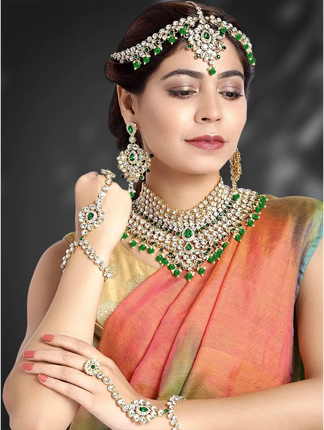 Aheli Classic Bollywood Style Indian Bridal Choker Necklace Matha Patti Nose Ring Haath Phool Wedding Fashion Jewelry Set Gift for Women