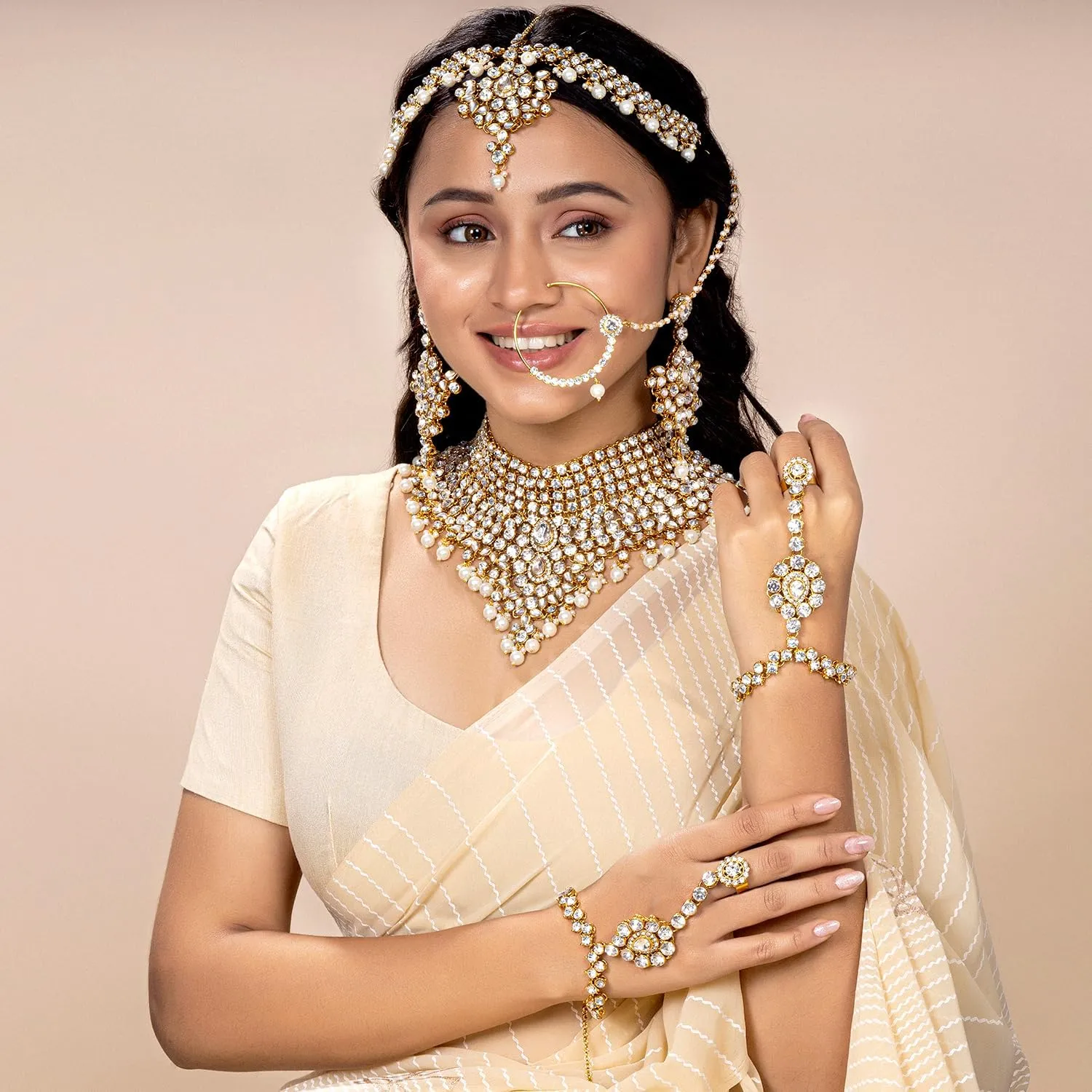 Aheli Classic Bollywood Style Indian Bridal Choker Necklace Matha Patti Nose Ring Haath Phool Wedding Fashion Jewelry Set Gift for Women