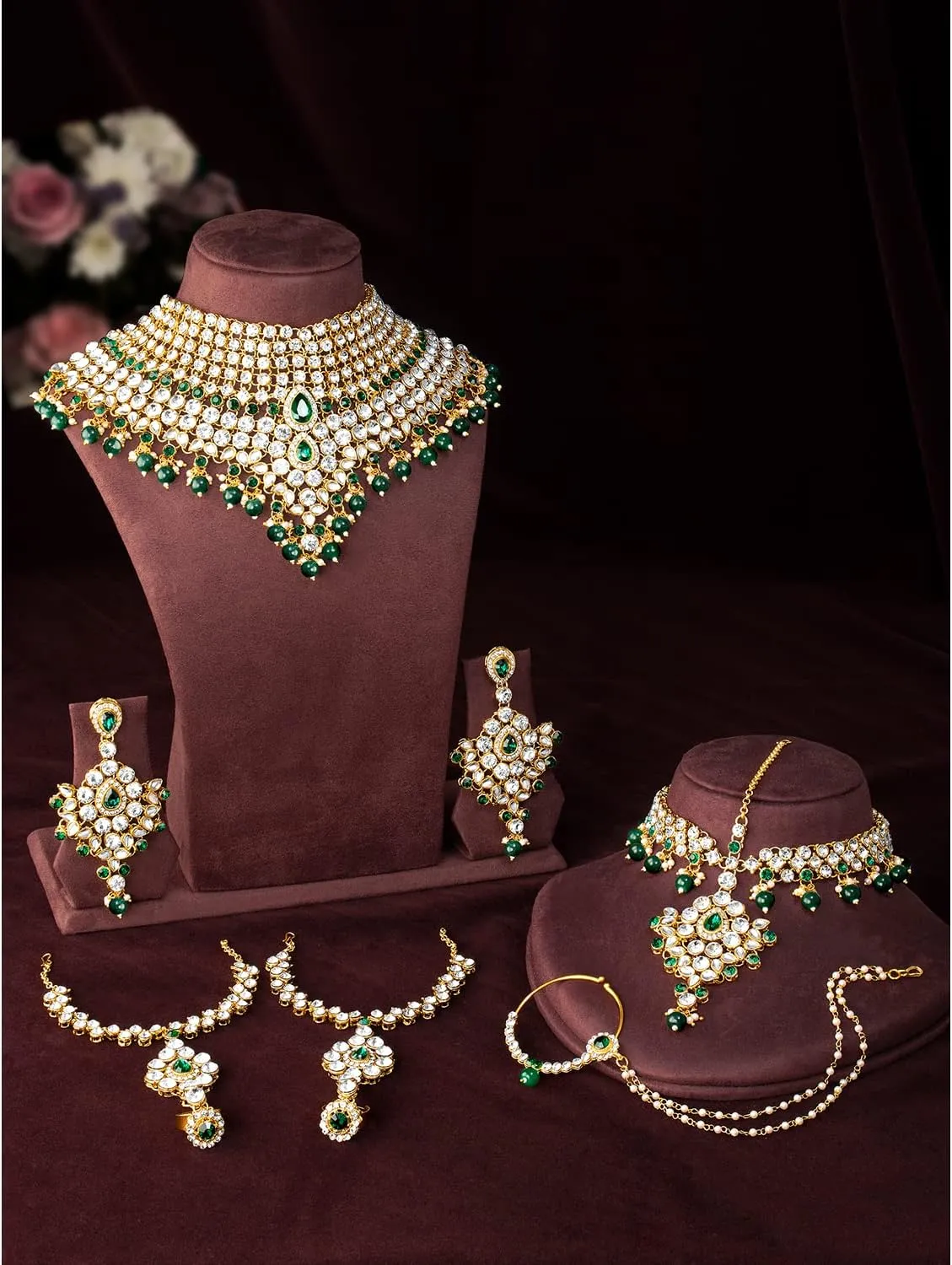 Aheli Classic Bollywood Style Indian Bridal Choker Necklace Matha Patti Nose Ring Haath Phool Wedding Fashion Jewelry Set Gift for Women
