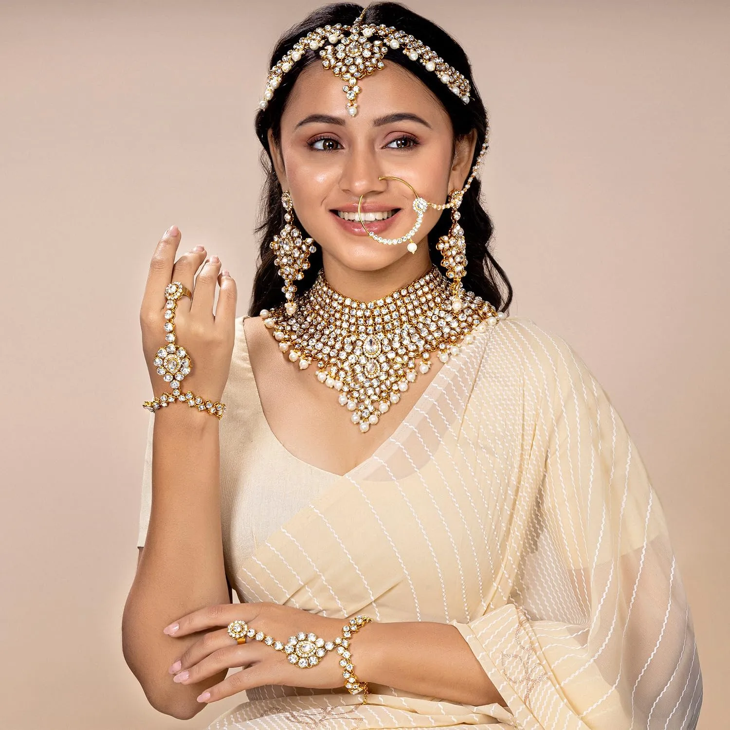 Aheli Classic Bollywood Style Indian Bridal Choker Necklace Matha Patti Nose Ring Haath Phool Wedding Fashion Jewelry Set Gift for Women