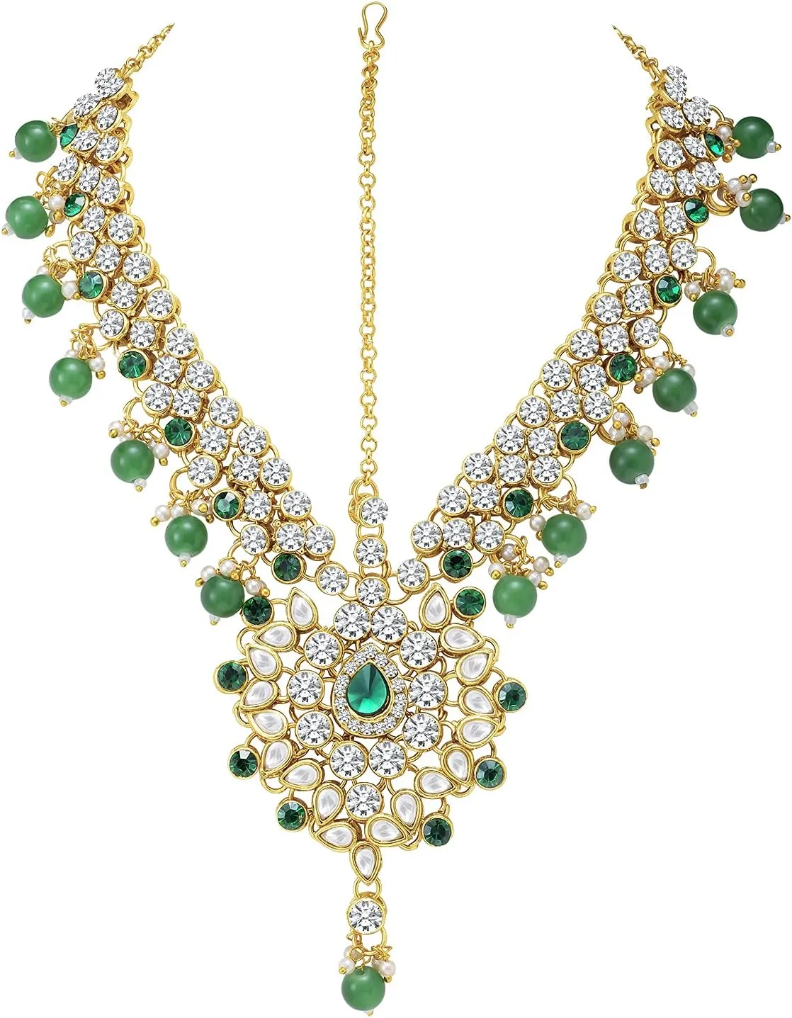 Aheli Classic Bollywood Style Indian Bridal Choker Necklace Matha Patti Nose Ring Haath Phool Wedding Fashion Jewelry Set Gift for Women