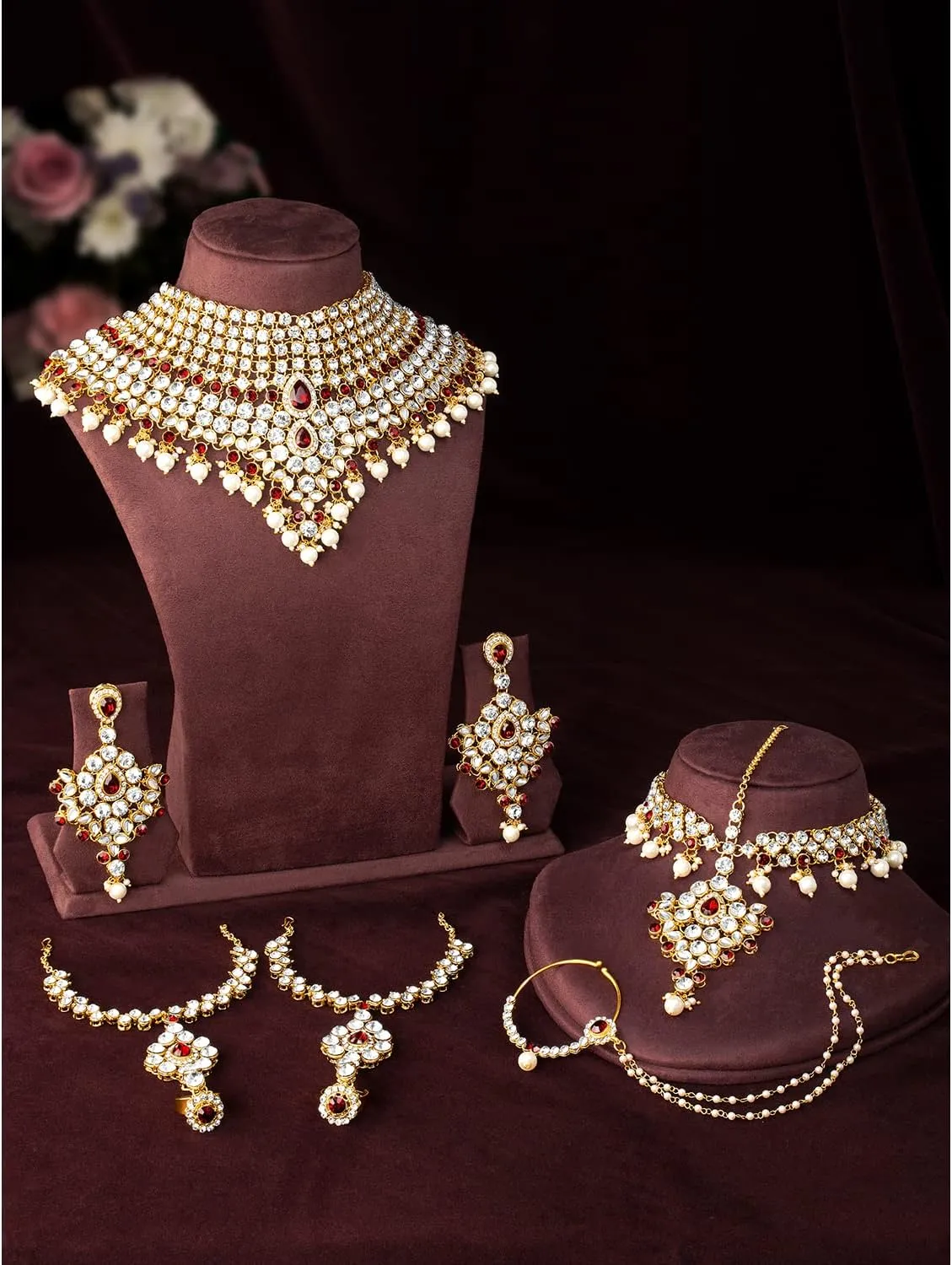 Aheli Classic Bollywood Style Indian Bridal Choker Necklace Matha Patti Nose Ring Haath Phool Wedding Fashion Jewelry Set Gift for Women