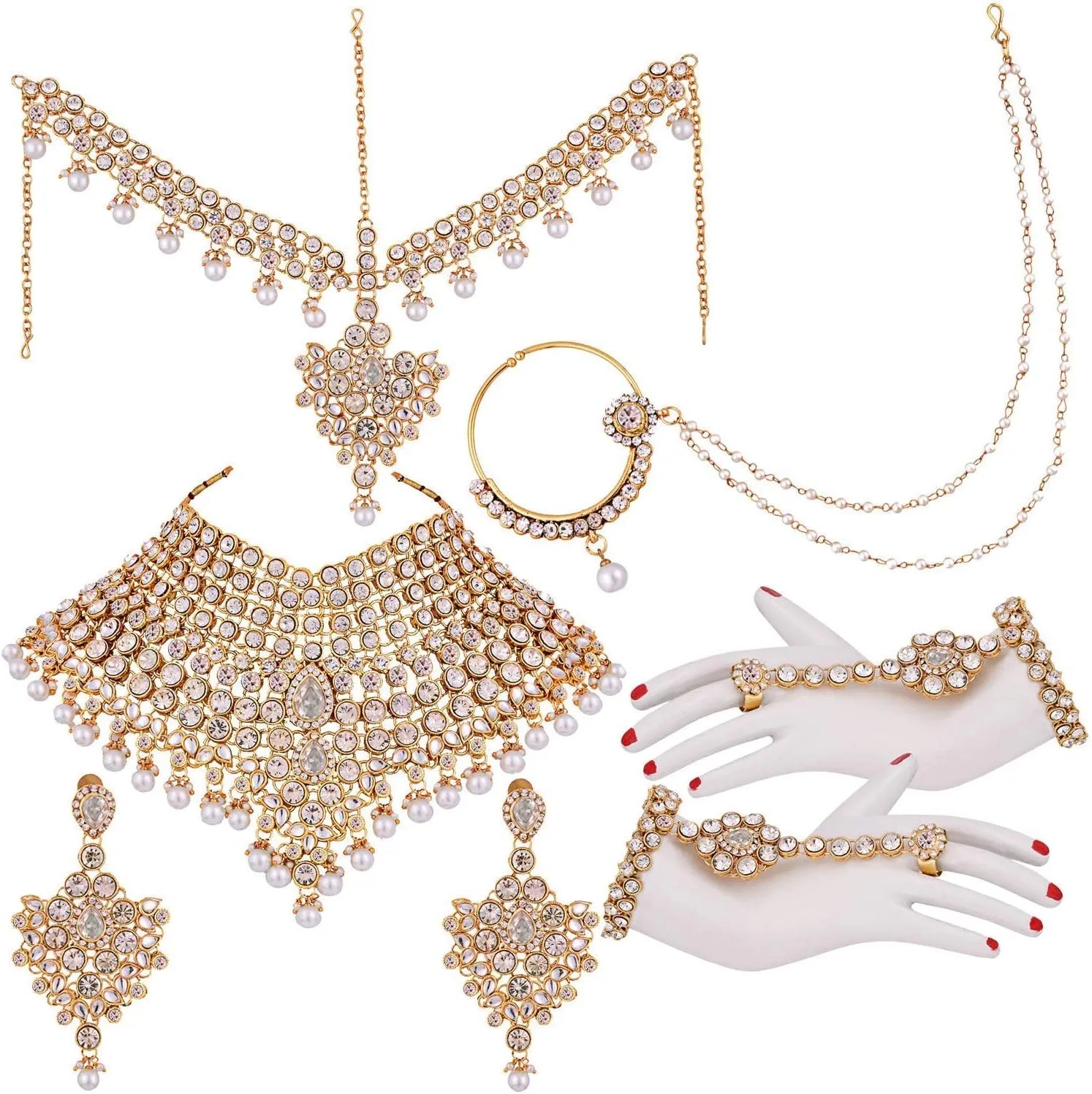 Aheli Classic Bollywood Style Indian Bridal Choker Necklace Matha Patti Nose Ring Haath Phool Wedding Fashion Jewelry Set Gift for Women