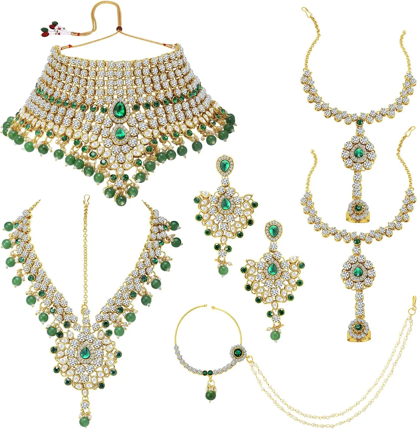 Aheli Classic Bollywood Style Indian Bridal Choker Necklace Matha Patti Nose Ring Haath Phool Wedding Fashion Jewelry Set Gift for Women