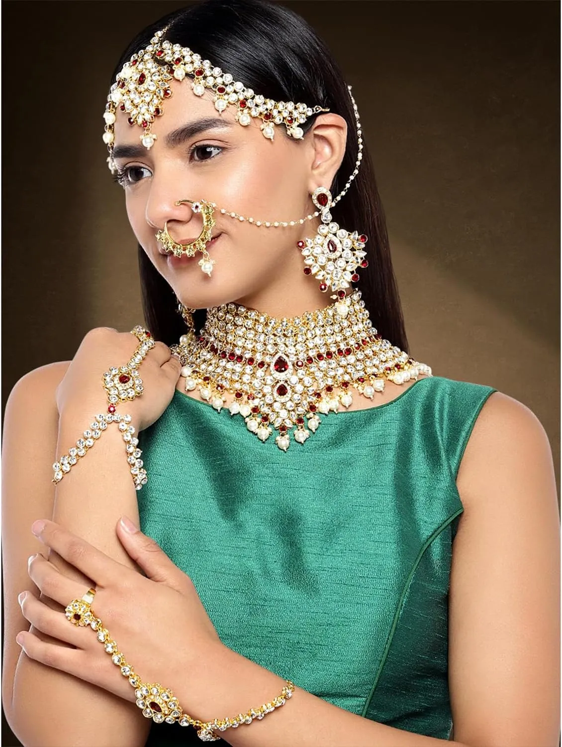 Aheli Classic Bollywood Style Indian Bridal Choker Necklace Matha Patti Nose Ring Haath Phool Wedding Fashion Jewelry Set Gift for Women