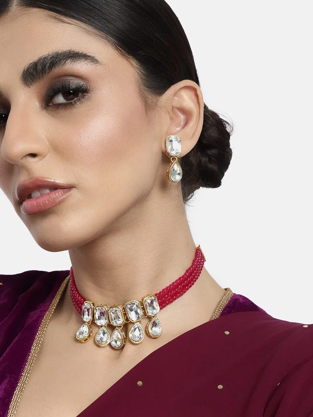Aheli Crystal Pearl Ethnic Bridal Choker Necklace with Earrings Indian Traditional Bollywood Jewelry Set Gift for Women