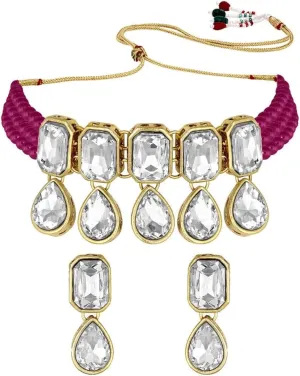 Aheli Crystal Pearl Ethnic Bridal Choker Necklace with Earrings Indian Traditional Bollywood Jewelry Set Gift for Women
