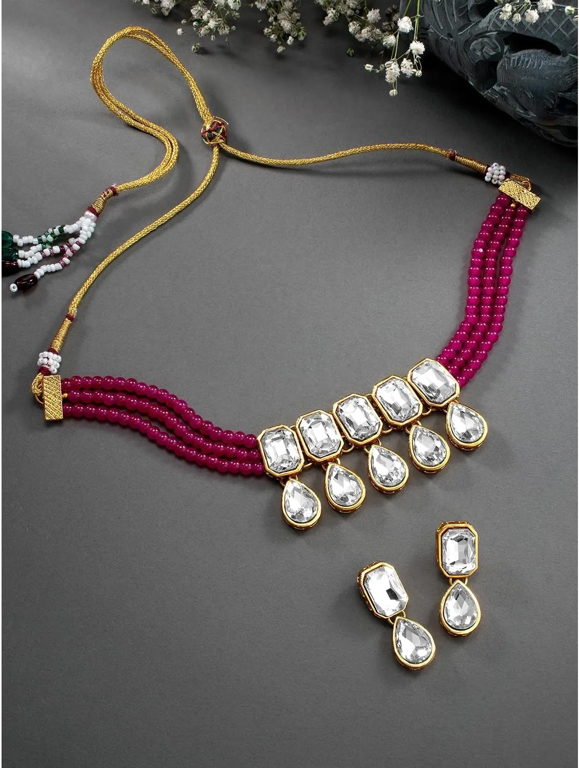 Aheli Crystal Pearl Ethnic Bridal Choker Necklace with Earrings Indian Traditional Bollywood Jewelry Set Gift for Women