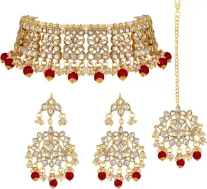 Aheli Elegant Indian Faux Kundan Studded Choker Necklace with Maang Tikka Set Ethnic Wedding Wear Fashion Jewelry Gift for Women