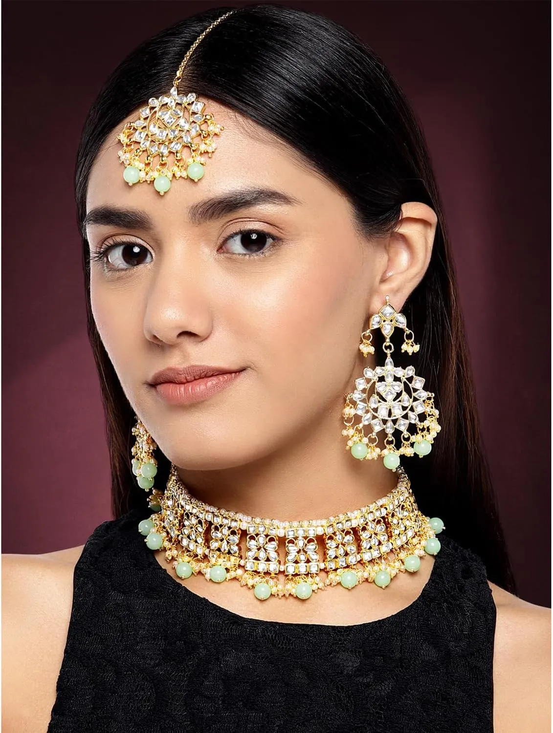 Aheli Elegant Indian Faux Kundan Studded Choker Necklace with Maang Tikka Set Ethnic Wedding Wear Fashion Jewelry Gift for Women
