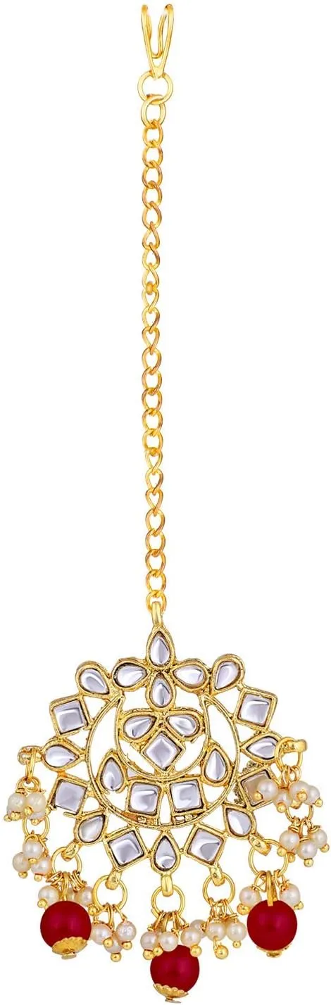 Aheli Elegant Indian Faux Kundan Studded Choker Necklace with Maang Tikka Set Ethnic Wedding Wear Fashion Jewelry Gift for Women