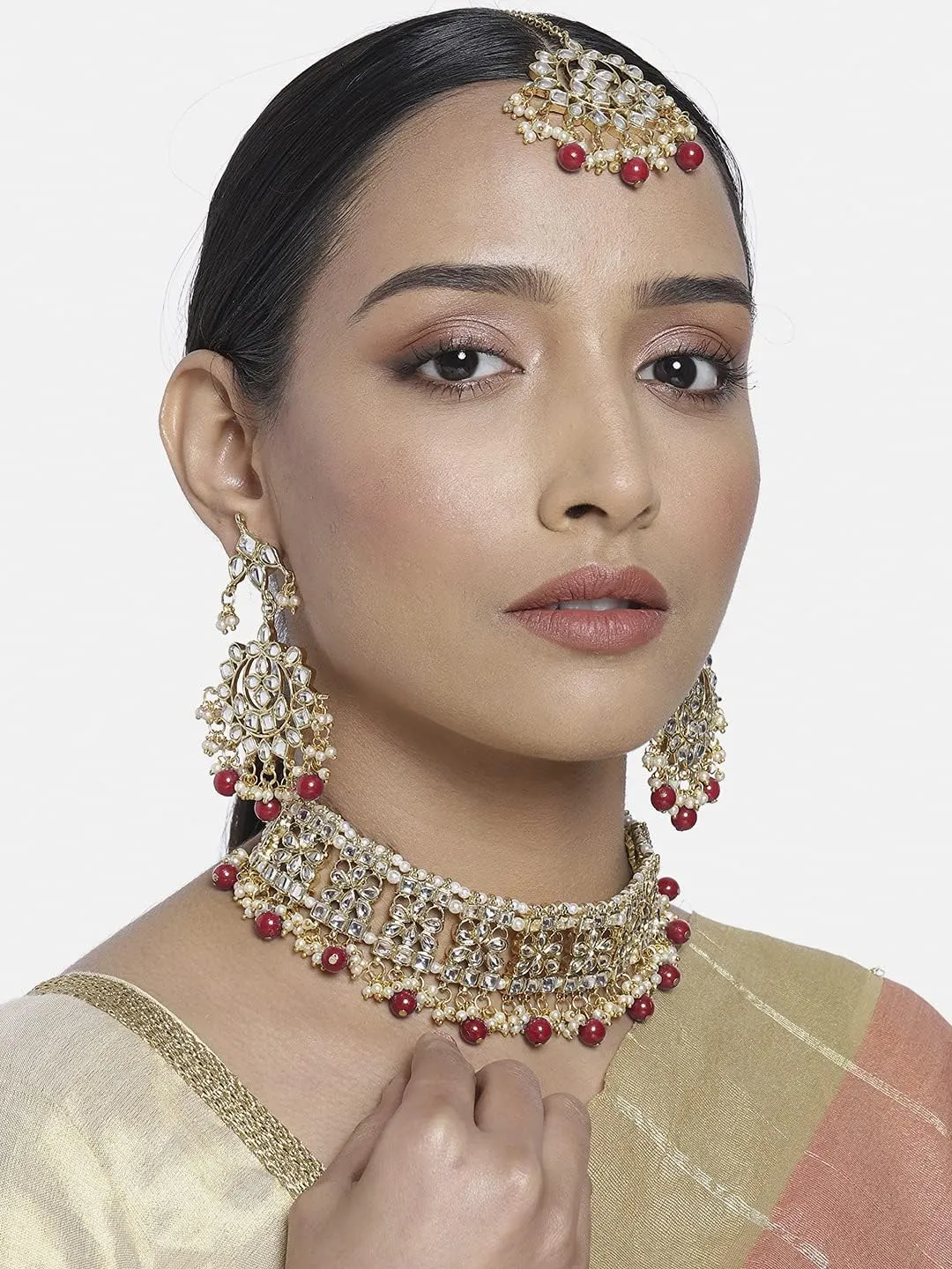 Aheli Elegant Indian Faux Kundan Studded Choker Necklace with Maang Tikka Set Ethnic Wedding Wear Fashion Jewelry Gift for Women