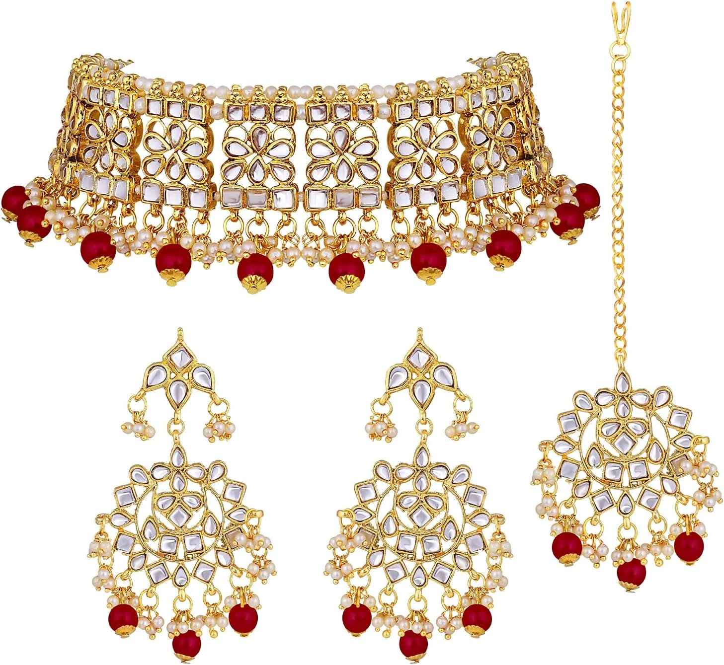 Aheli Elegant Indian Faux Kundan Studded Choker Necklace with Maang Tikka Set Ethnic Wedding Wear Fashion Jewelry Gift for Women