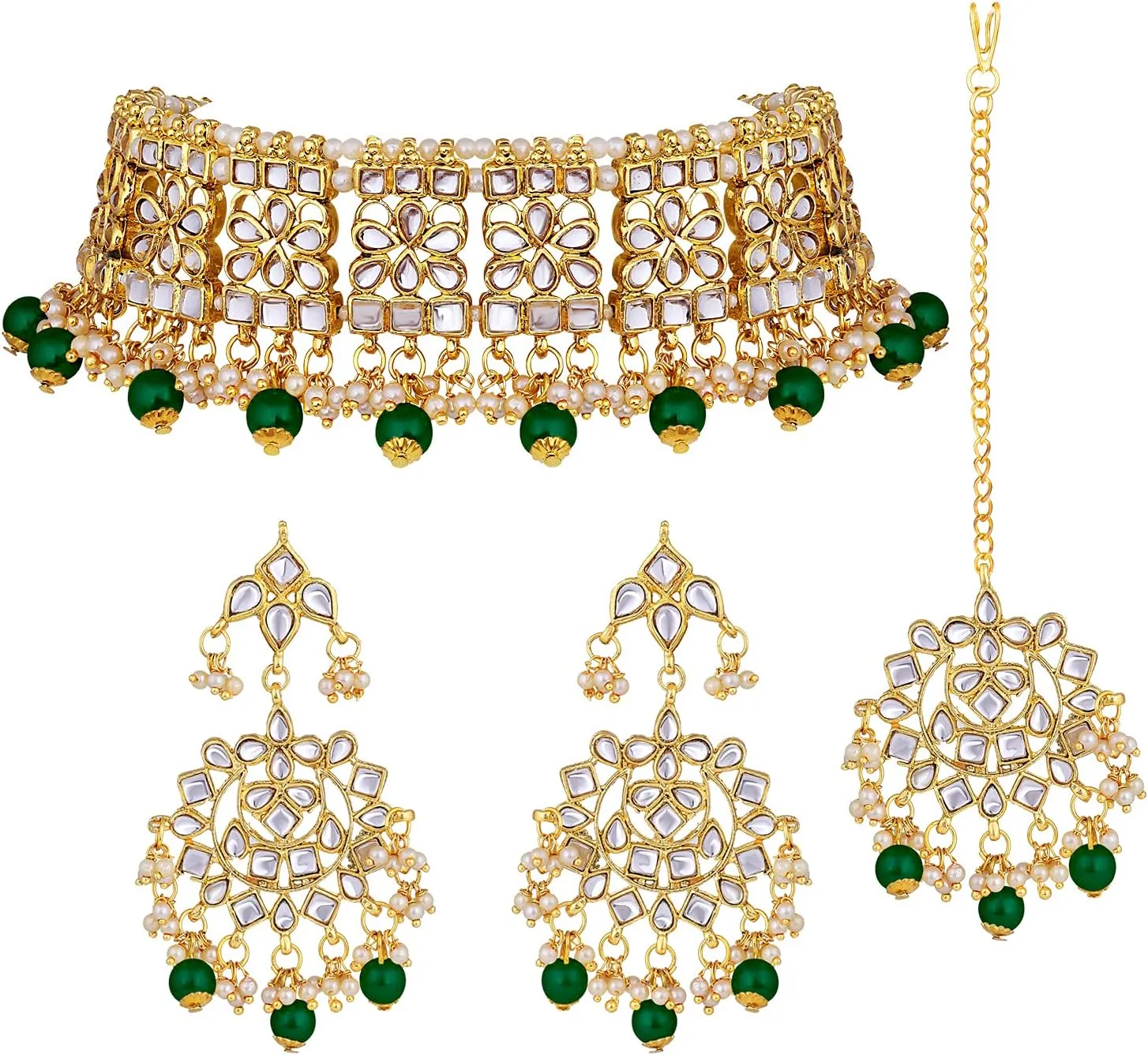 Aheli Elegant Indian Faux Kundan Studded Choker Necklace with Maang Tikka Set Ethnic Wedding Wear Fashion Jewelry Gift for Women