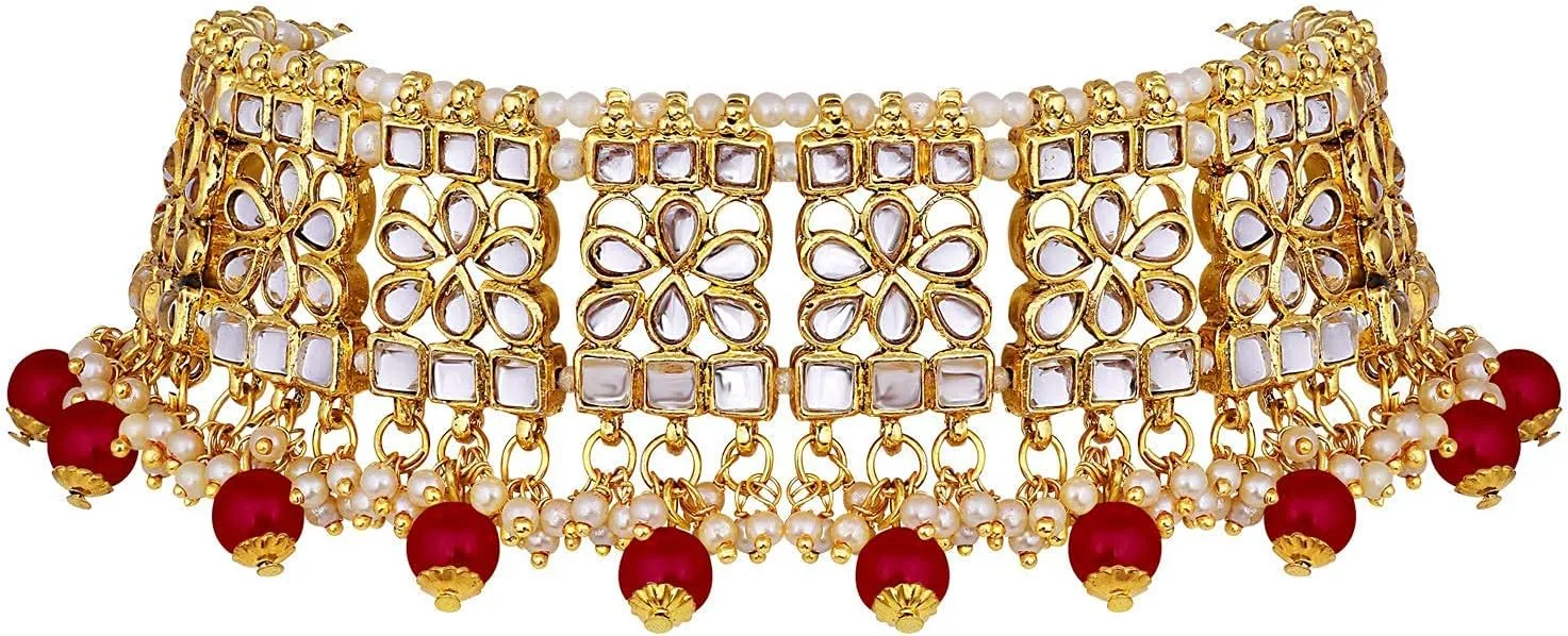Aheli Elegant Indian Faux Kundan Studded Choker Necklace with Maang Tikka Set Ethnic Wedding Wear Fashion Jewelry Gift for Women