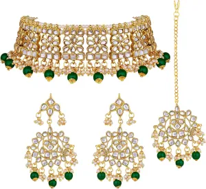 Aheli Elegant Indian Faux Kundan Studded Choker Necklace with Maang Tikka Set Ethnic Wedding Wear Fashion Jewelry Gift for Women