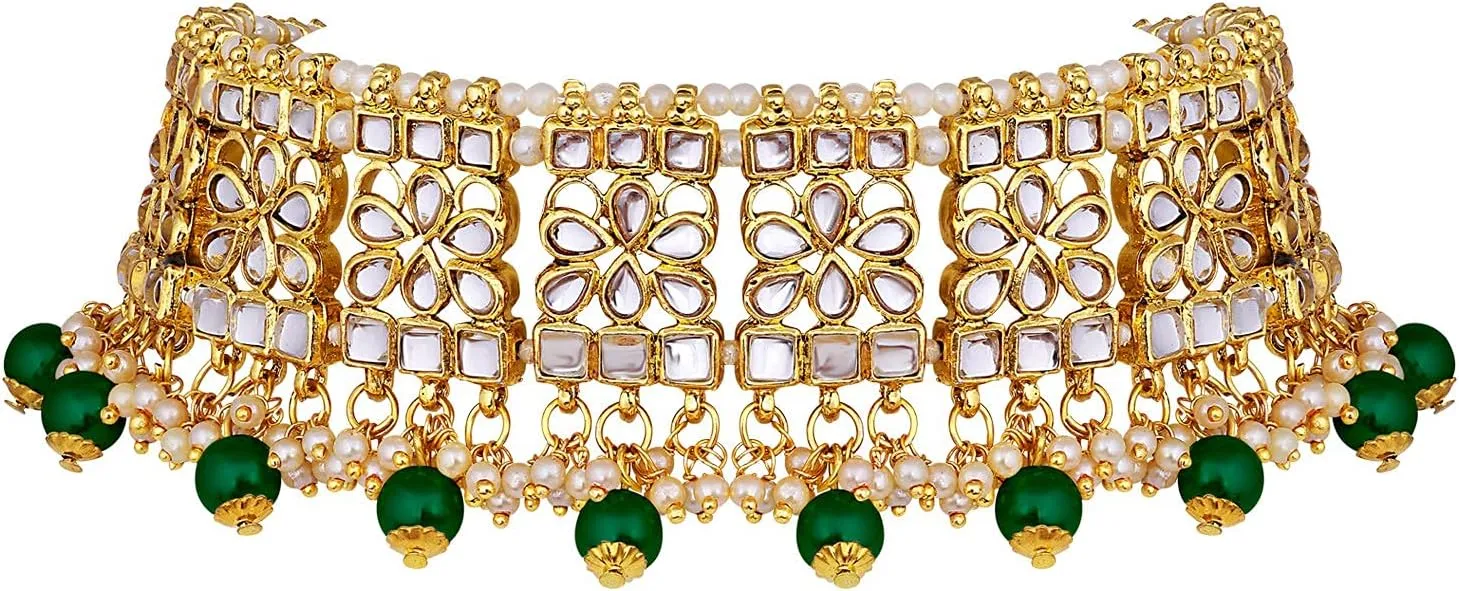 Aheli Elegant Indian Faux Kundan Studded Choker Necklace with Maang Tikka Set Ethnic Wedding Wear Fashion Jewelry Gift for Women