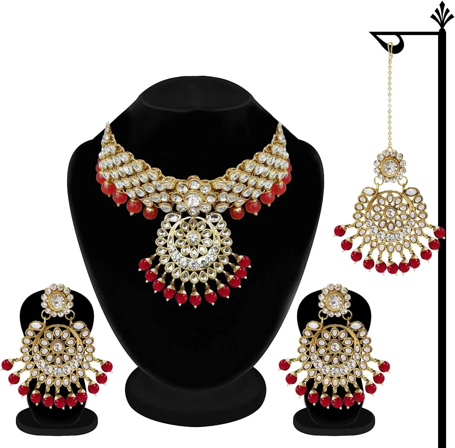 Aheli Elegant Wedding Party Wear Faux Kundan Studded Short Necklace Earrings with Maang Tikka Set Indian Ethnic Bollywood Fashion Jewelry Gift for Women