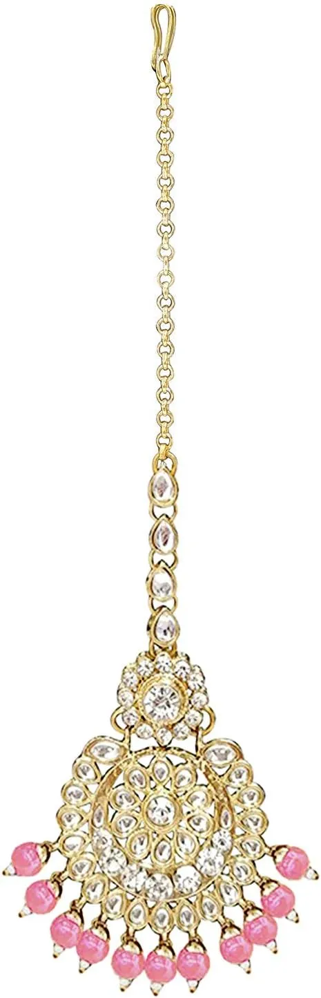 Aheli Elegant Wedding Party Wear Faux Kundan Studded Short Necklace Earrings with Maang Tikka Set Indian Ethnic Bollywood Fashion Jewelry Gift for Women