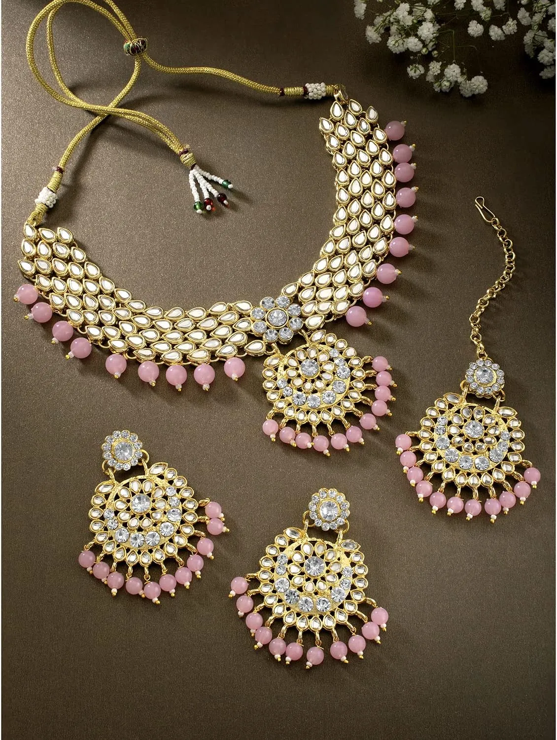 Aheli Elegant Wedding Party Wear Faux Kundan Studded Short Necklace Earrings with Maang Tikka Set Indian Ethnic Bollywood Fashion Jewelry Gift for Women