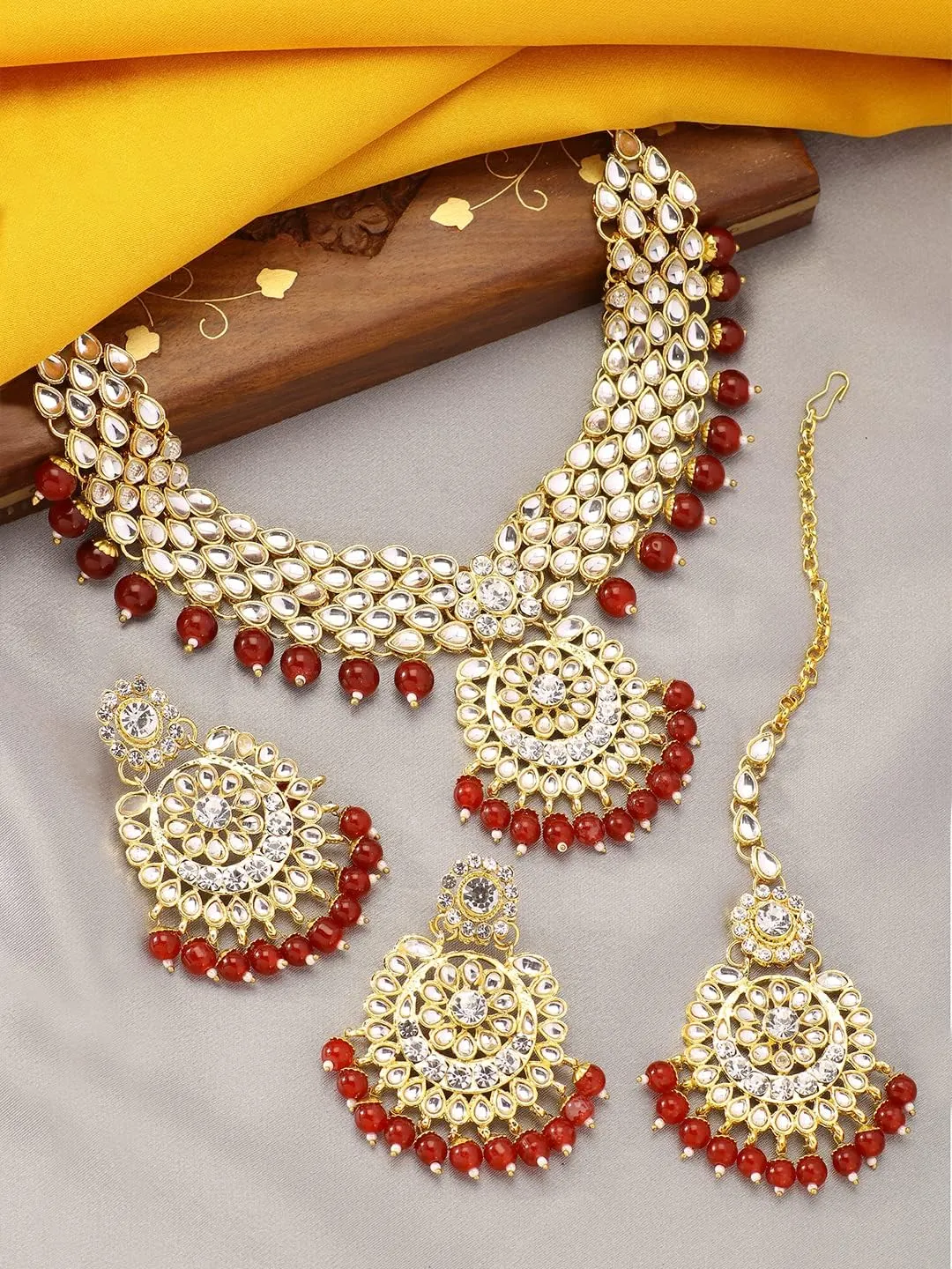 Aheli Elegant Wedding Party Wear Faux Kundan Studded Short Necklace Earrings with Maang Tikka Set Indian Ethnic Bollywood Fashion Jewelry Gift for Women