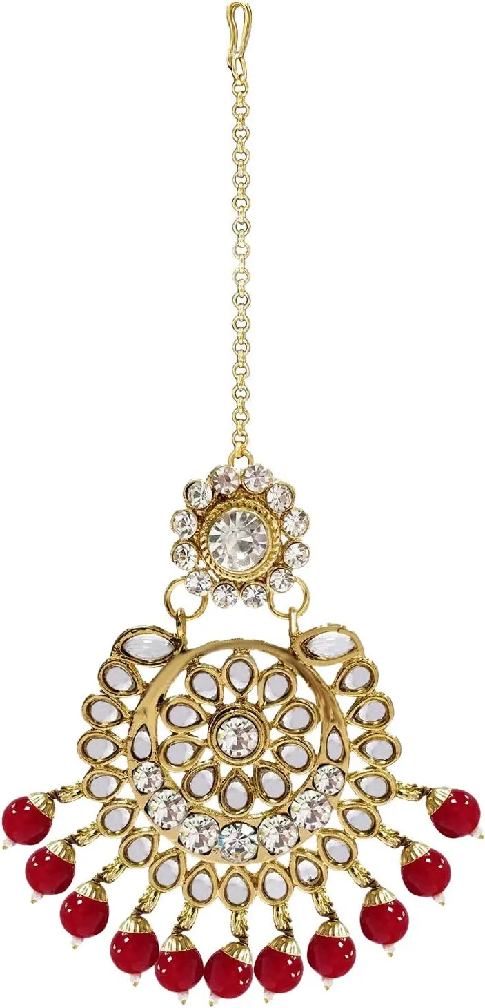 Aheli Elegant Wedding Party Wear Faux Kundan Studded Short Necklace Earrings with Maang Tikka Set Indian Ethnic Bollywood Fashion Jewelry Gift for Women