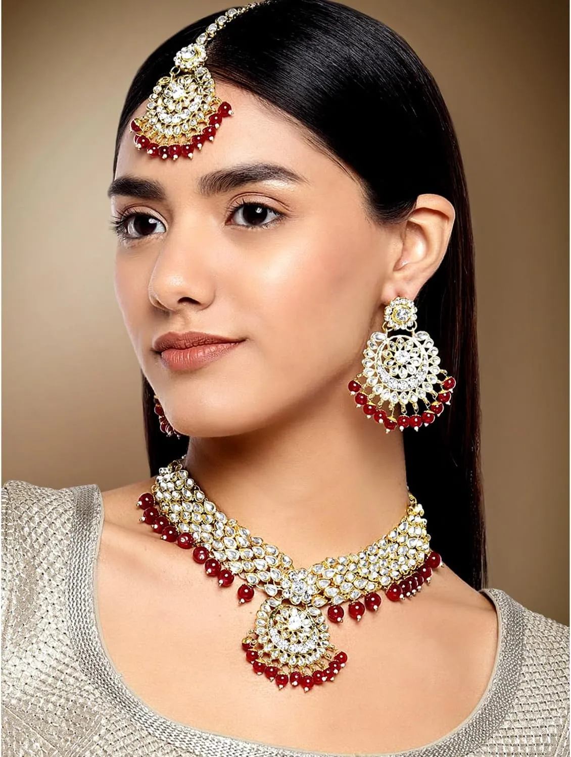 Aheli Elegant Wedding Party Wear Faux Kundan Studded Short Necklace Earrings with Maang Tikka Set Indian Ethnic Bollywood Fashion Jewelry Gift for Women