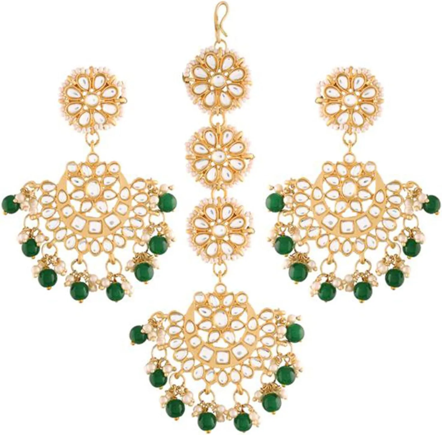 Aheli Ethnic Faux Kundan Drop Pearl Beads Dangle Earrings Maang Tikka Set Bollyood Wedding Party Fashion Jewelry Gift for Women Kundan Pearls Green