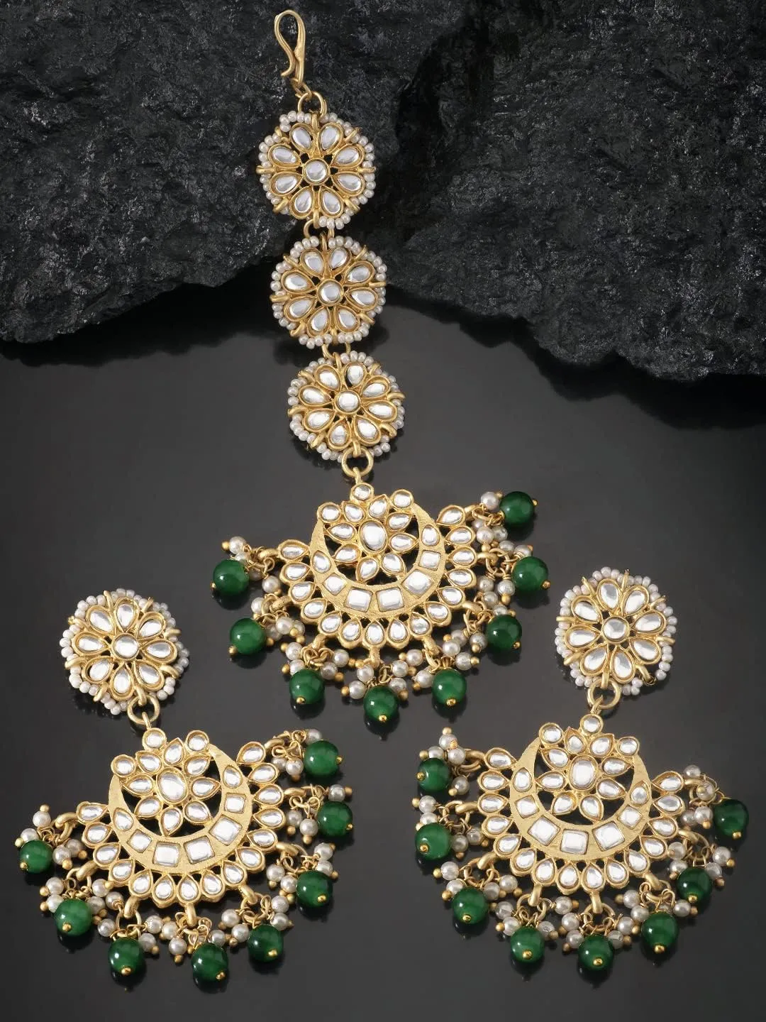 Aheli Ethnic Faux Kundan Drop Pearl Beads Dangle Earrings Maang Tikka Set Bollyood Wedding Party Fashion Jewelry Gift for Women Kundan Pearls Green