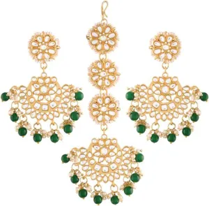 Aheli Ethnic Faux Kundan Drop Pearl Beads Dangle Earrings Maang Tikka Set Bollyood Wedding Party Fashion Jewelry Gift for Women Kundan Pearls Green