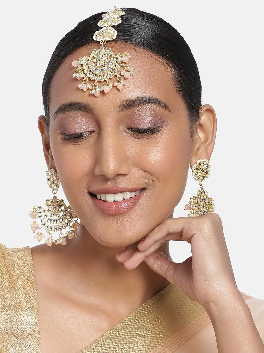 Aheli Ethnic Faux Kundan Drop Pearl Beads Dangle Earrings Maang Tikka Set Bollyood Wedding Party Fashion Jewelry Gift for Women Kundan Pearls Green
