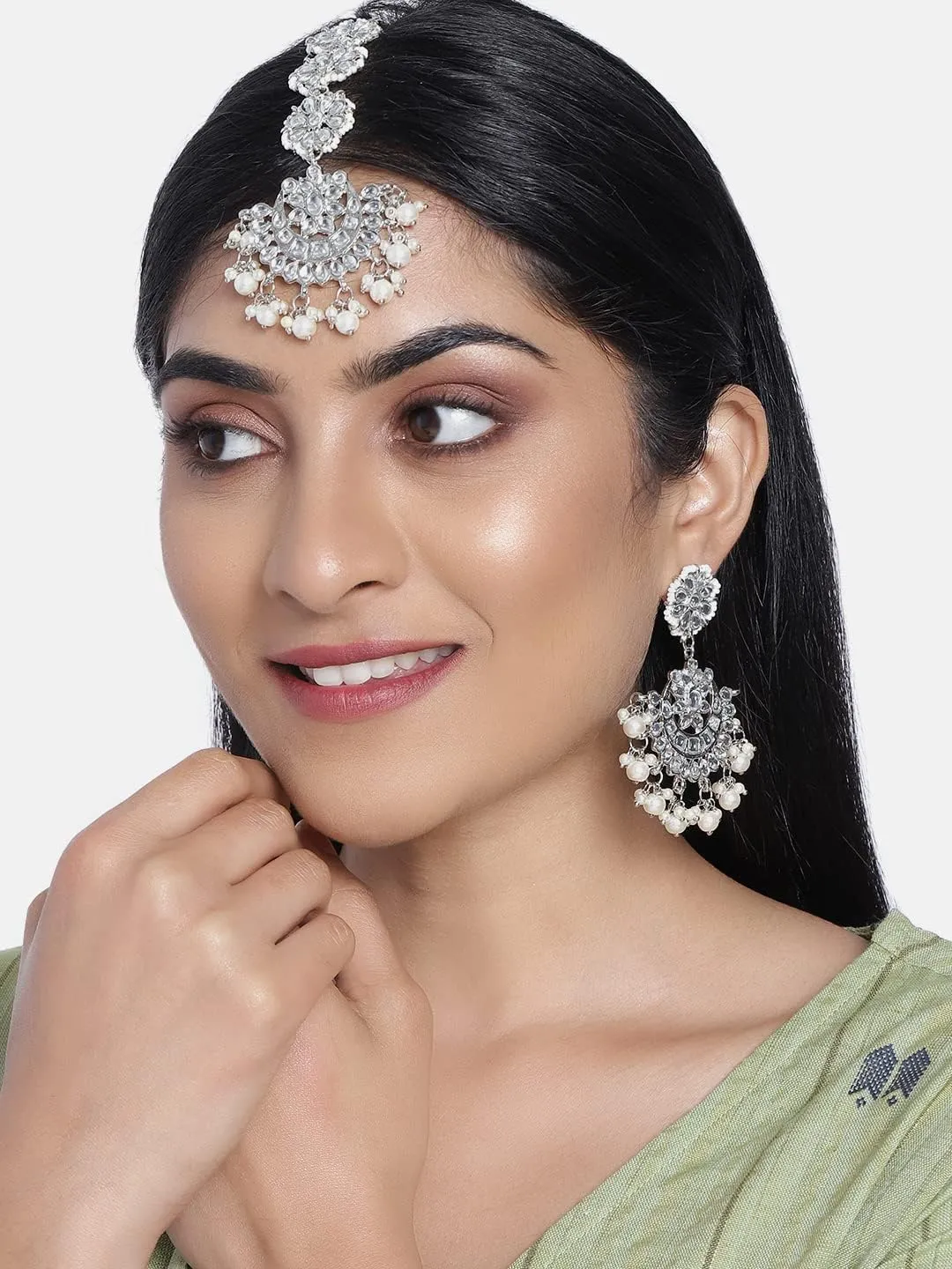 Aheli Ethnic Faux Kundan Drop Pearl Beads Dangle Earrings Maang Tikka Set Bollyood Wedding Party Fashion Jewelry Gift for Women Kundan Pearls Green