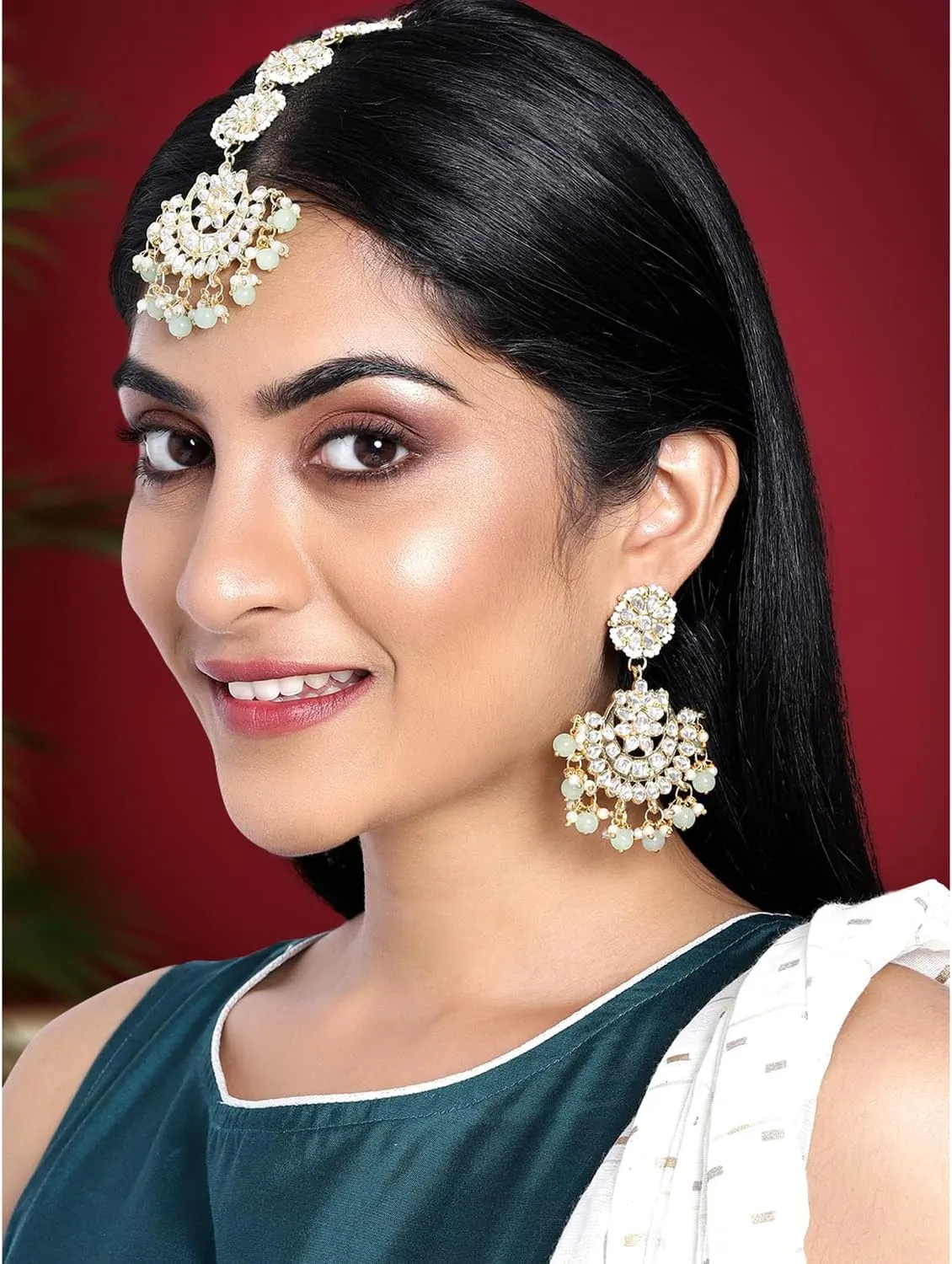 Aheli Ethnic Faux Kundan Drop Pearl Beads Dangle Earrings Maang Tikka Set Bollyood Wedding Party Fashion Jewelry Gift for Women Kundan Pearls Green