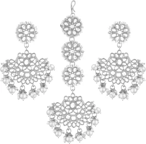 Aheli Ethnic Faux Kundan Drop Pearl Beads Dangle Earrings Maang Tikka Set Bollyood Wedding Party Fashion Jewelry Gift for Women Kundan Pearls Green