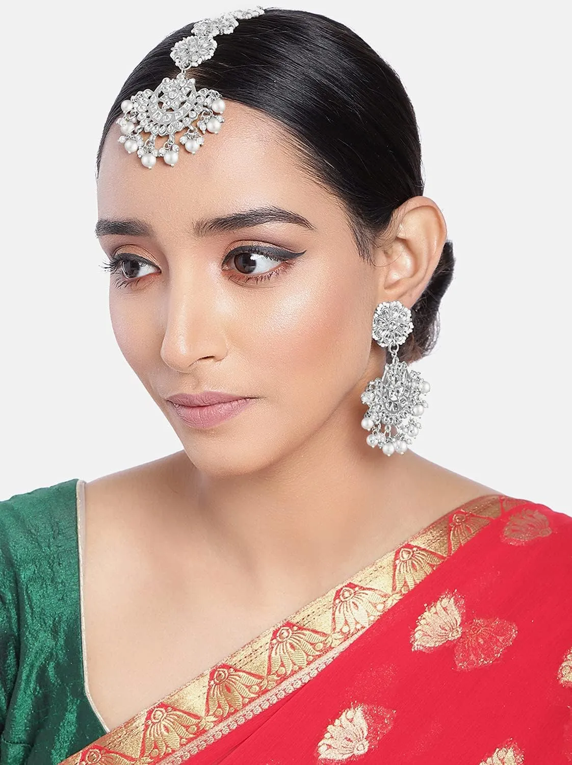 Aheli Ethnic Faux Kundan Drop Pearl Beads Dangle Earrings Maang Tikka Set Bollyood Wedding Party Fashion Jewelry Gift for Women Kundan Pearls Green