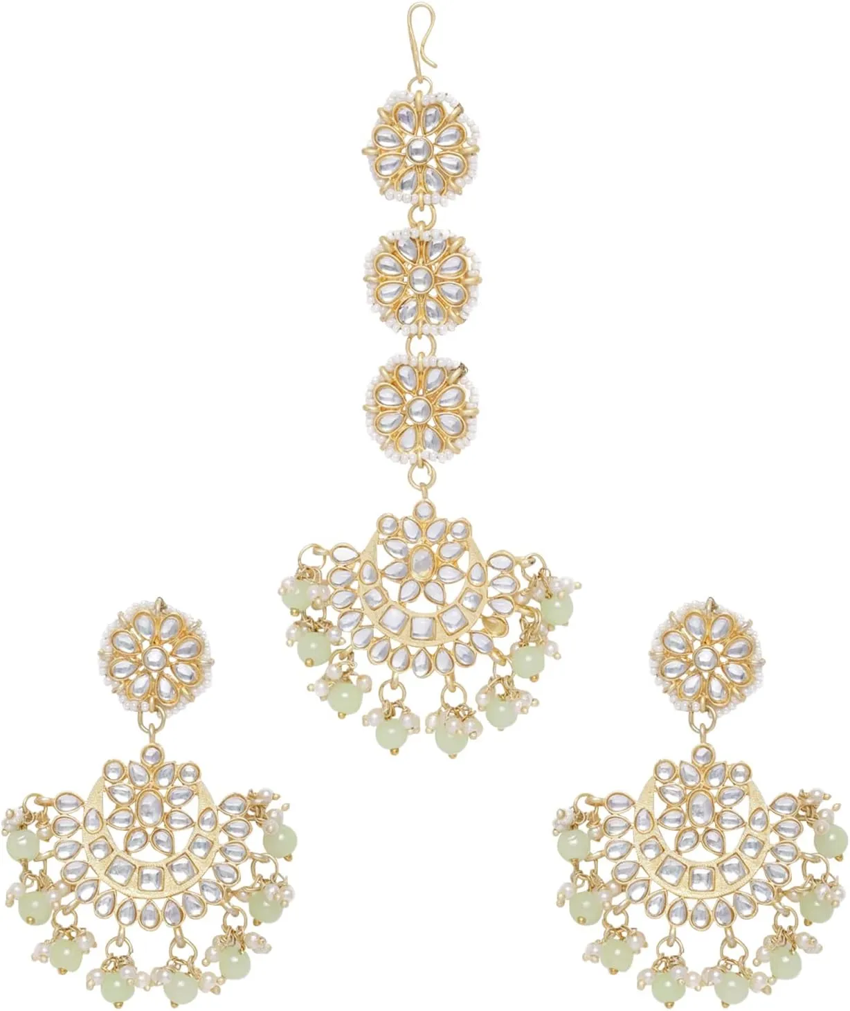 Aheli Ethnic Faux Kundan Drop Pearl Beads Dangle Earrings Maang Tikka Set Bollyood Wedding Party Fashion Jewelry Gift for Women Kundan Pearls Green