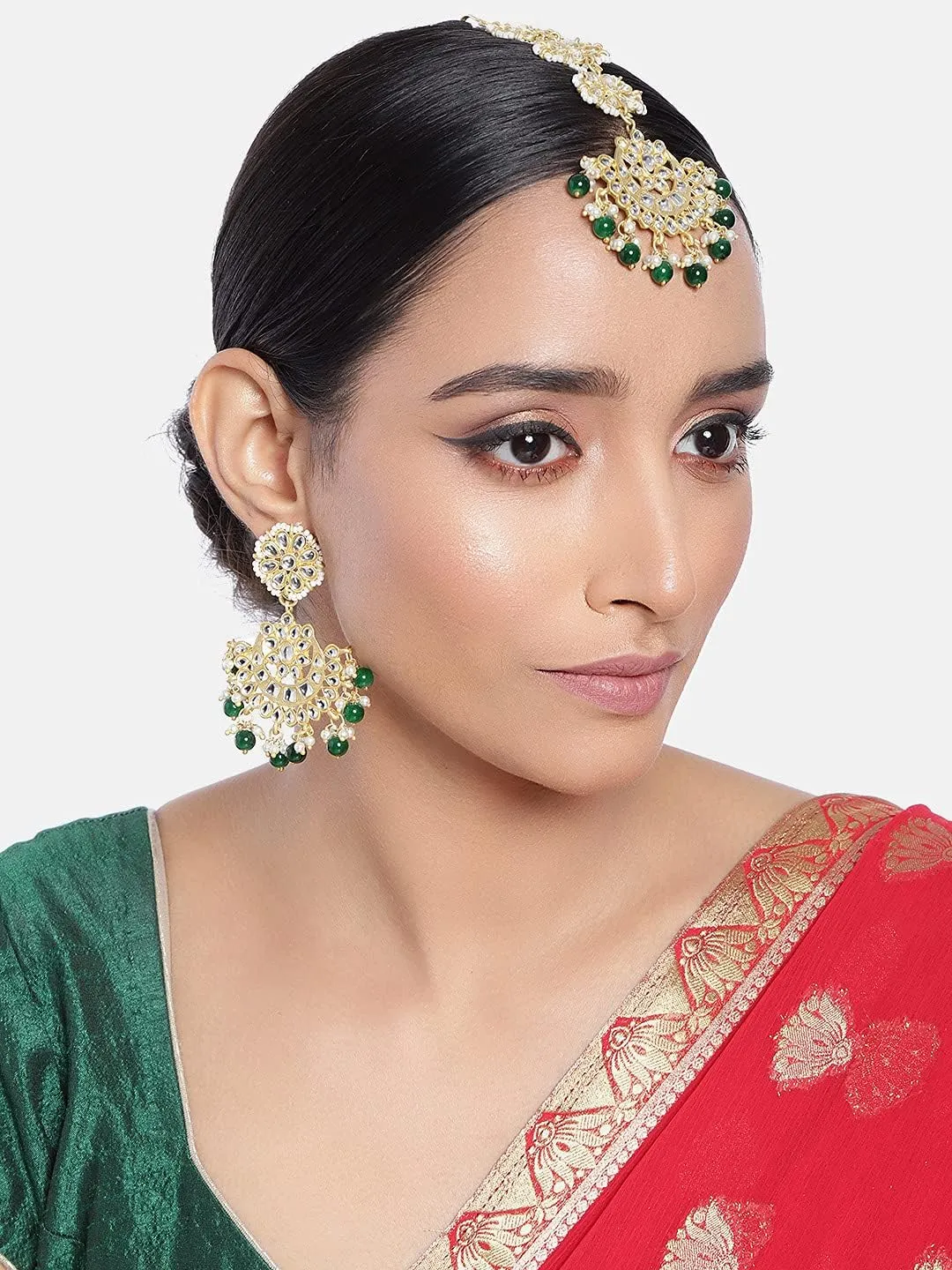 Aheli Ethnic Faux Kundan Drop Pearl Beads Dangle Earrings Maang Tikka Set Bollyood Wedding Party Fashion Jewelry Gift for Women Kundan Pearls Green