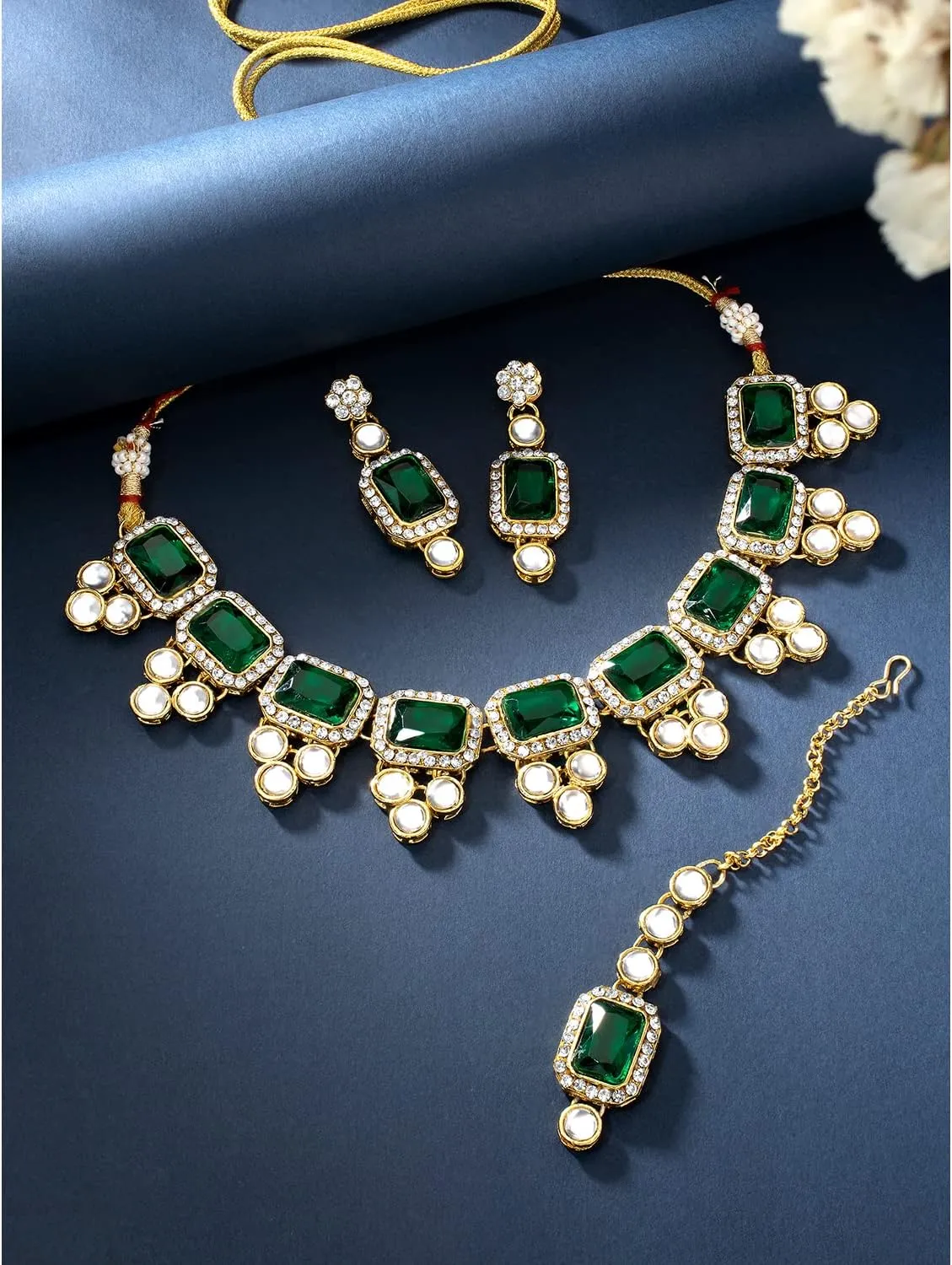 Aheli Ethnic Faux Kundan Necklace Earrings Maang Tikka Indian Bollywood Jewellery Set Gift for Women