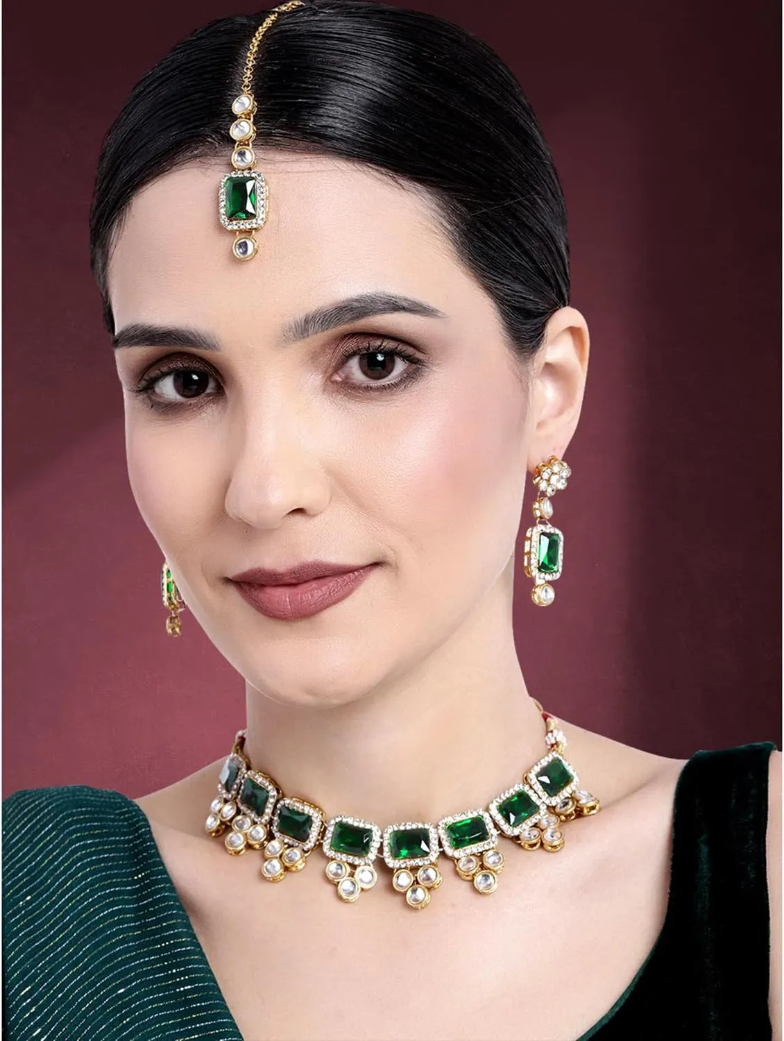 Aheli Ethnic Faux Kundan Necklace Earrings Maang Tikka Indian Bollywood Jewellery Set Gift for Women