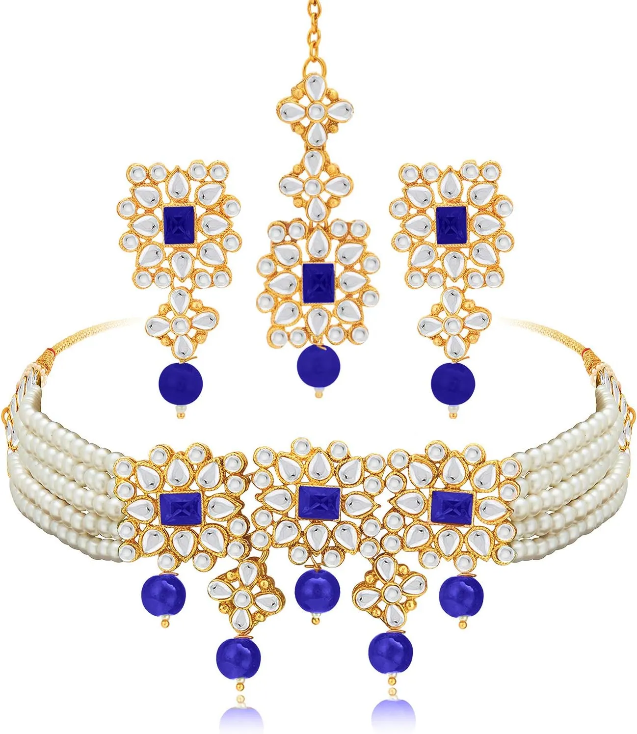 Aheli Ethnic Indian Necklace Earring Maang Tikka Set Traditional Bollywood Fashion Jewelry Gift for Women Blue