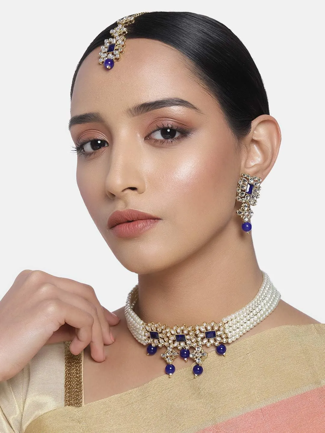 Aheli Ethnic Indian Necklace Earring Maang Tikka Set Traditional Bollywood Fashion Jewelry Gift for Women Blue