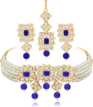 Aheli Ethnic Indian Necklace Earring Maang Tikka Set Traditional Bollywood Fashion Jewelry Gift for Women Blue