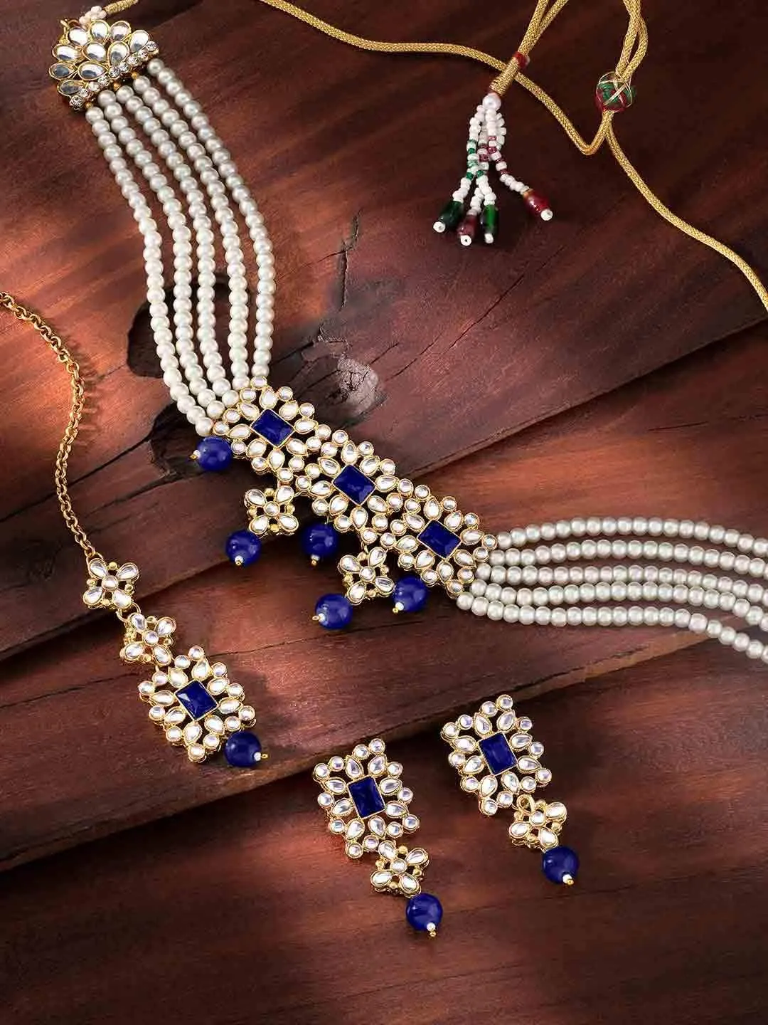 Aheli Ethnic Indian Necklace Earring Maang Tikka Set Traditional Bollywood Fashion Jewelry Gift for Women Blue